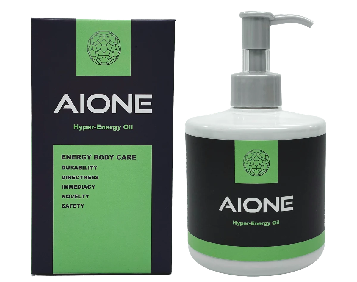 AIONE Hyper-Energy Oil 300mlの化粧箱とポンプボトル